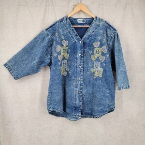Vintage Acid Wash Blue Denim Shirt with Heart Embroidery Beaded Plus Size